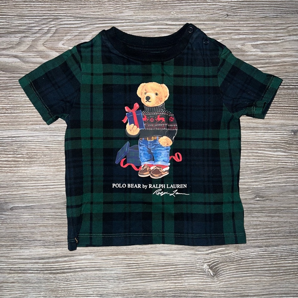 Ralph Lauren Kids Black and Green Plaid Polo Bear Tee 9M